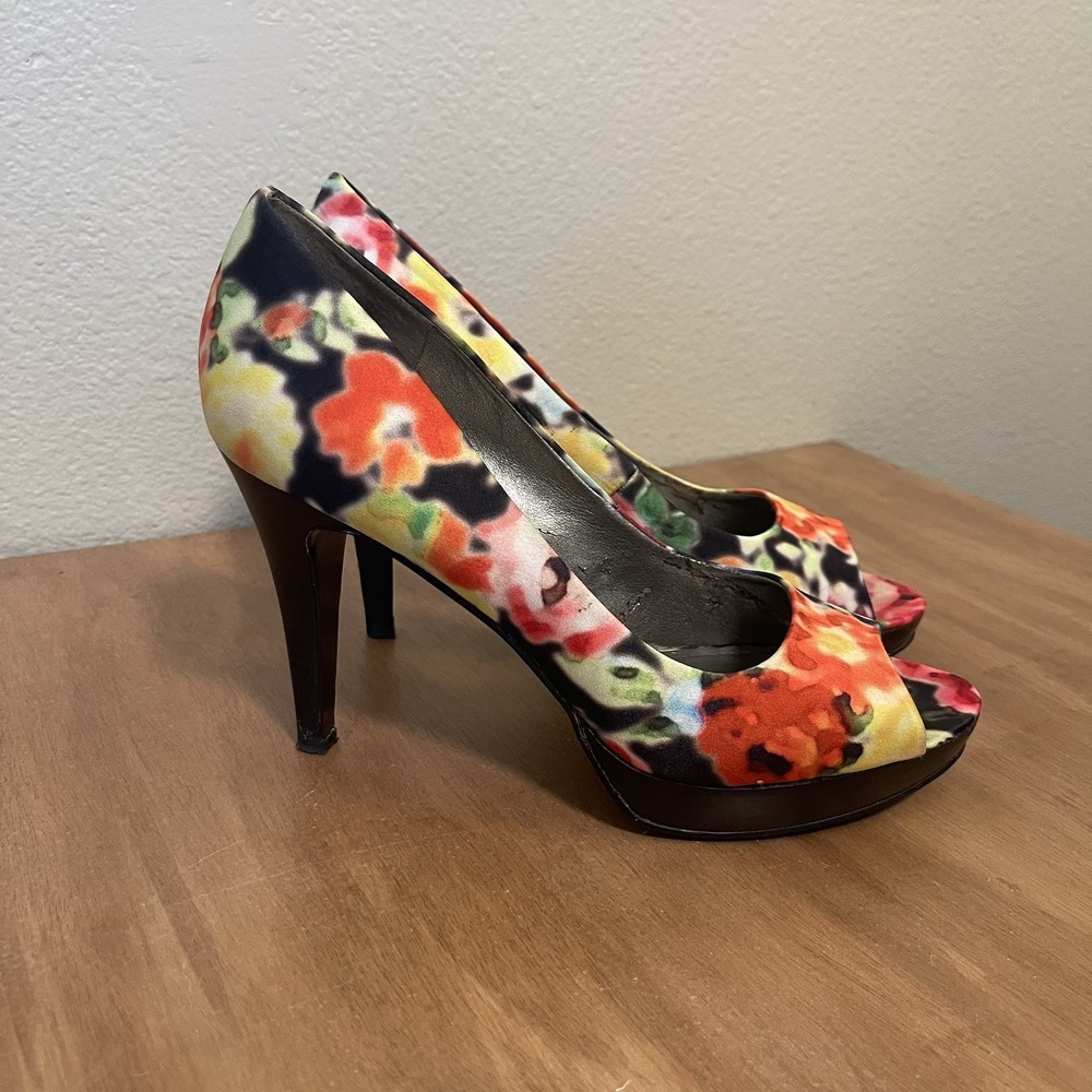 Bandolino Colorful Floral Peep‎ Toe Stiletto Pumps Maximalist Heels Size 7.5
